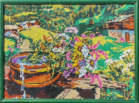 Rustic Garden with Overflowing Flower Pot and Wild Blooms