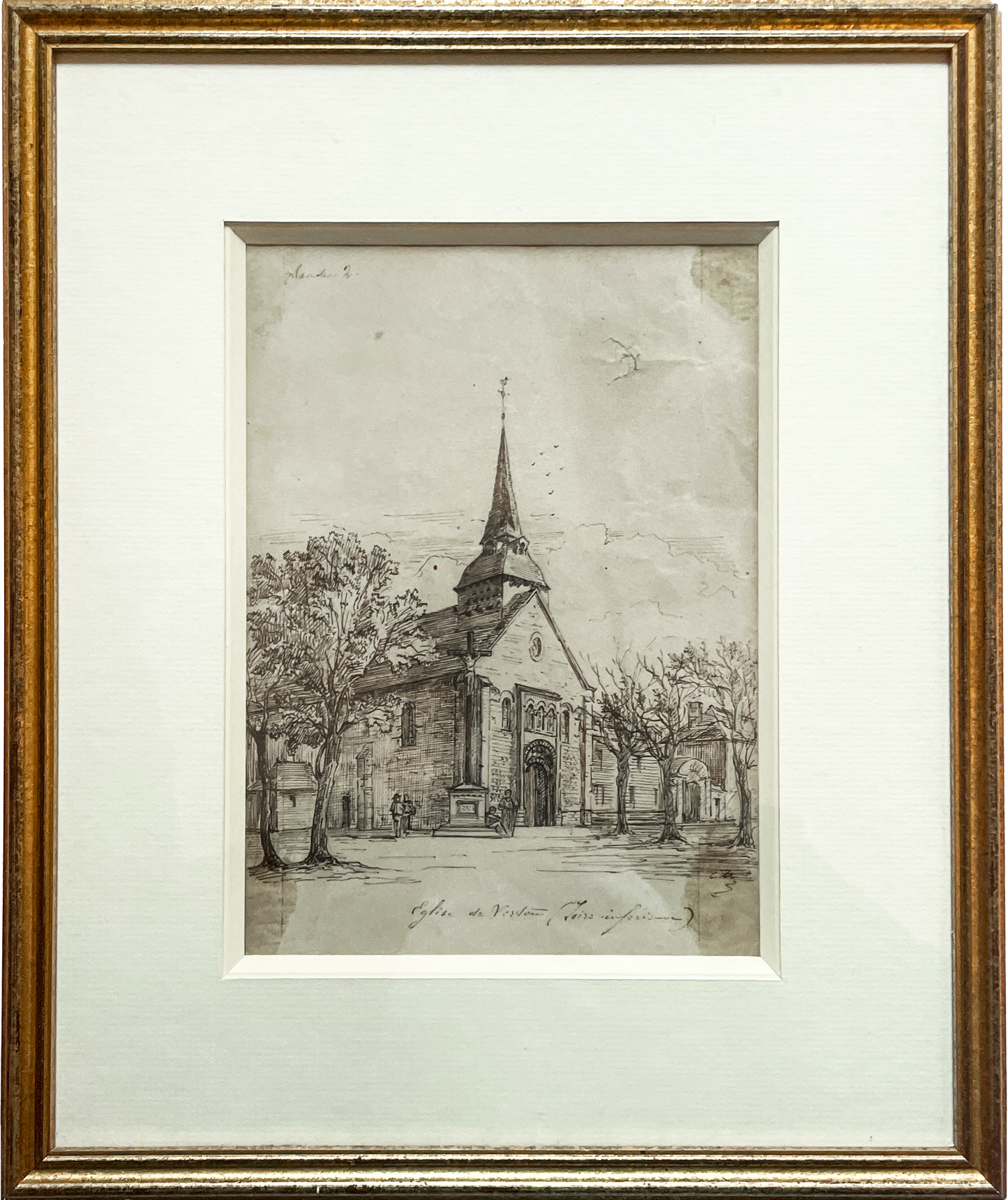 View of the Église du Vertou – French School, 19th Century Ink Drawing
