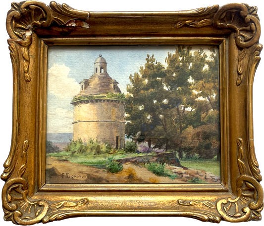 Landscape with Dovecote – P. Vigneron, 20th Century Watercolor