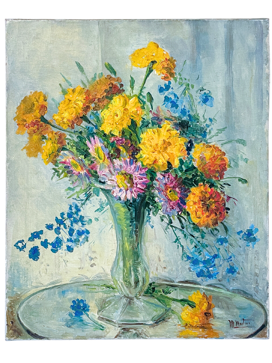 Yellow and Pink Blooms in Glass Vase