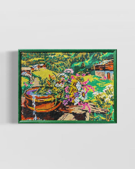 Rustic Garden with Overflowing Flower Pot and Wild Blooms