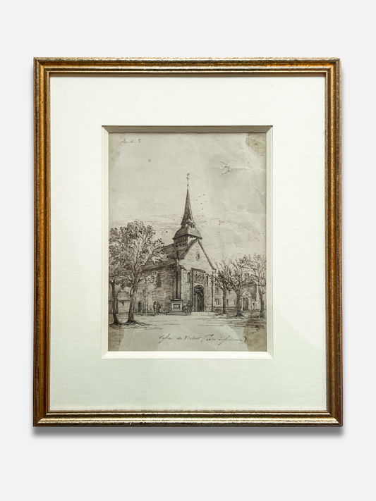View of the Église du Vertou – French School, 19th Century Ink Drawing