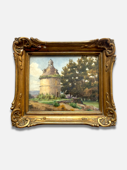 Landscape with Dovecote – P. Vigneron, 20th Century Watercolor