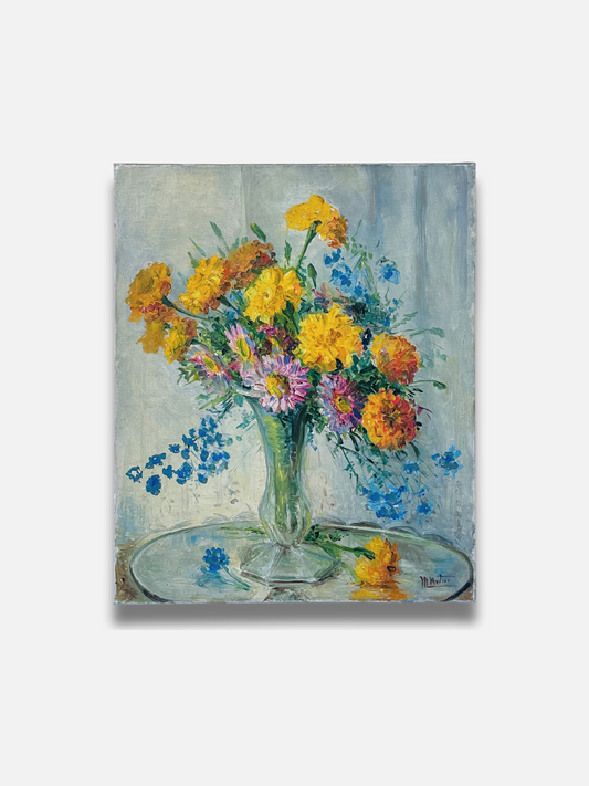 Yellow and Pink Blooms in Glass Vase